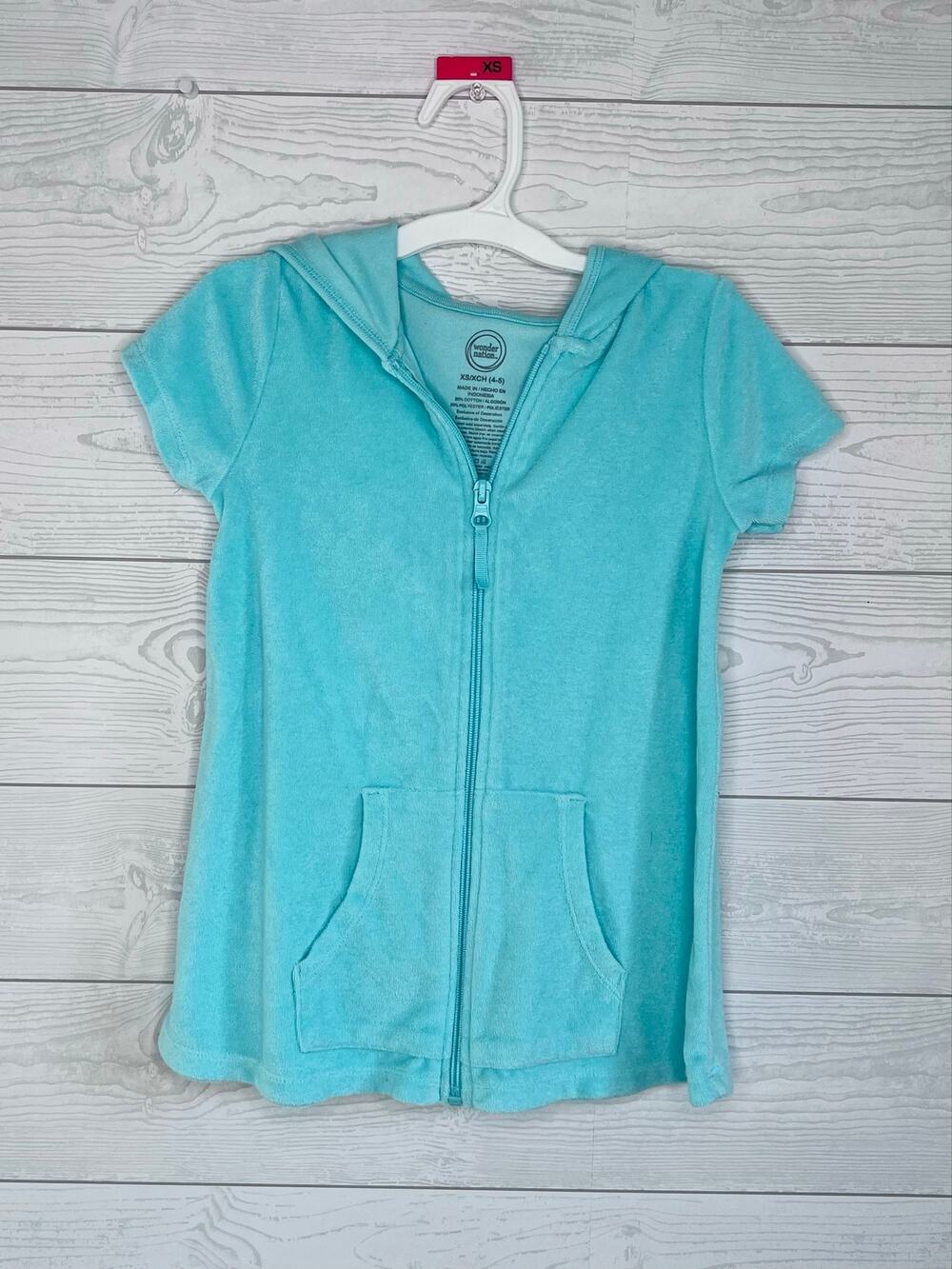 Wonder Nation girls' teal hooded full zipper French Terry beach cover  XS(4/5)